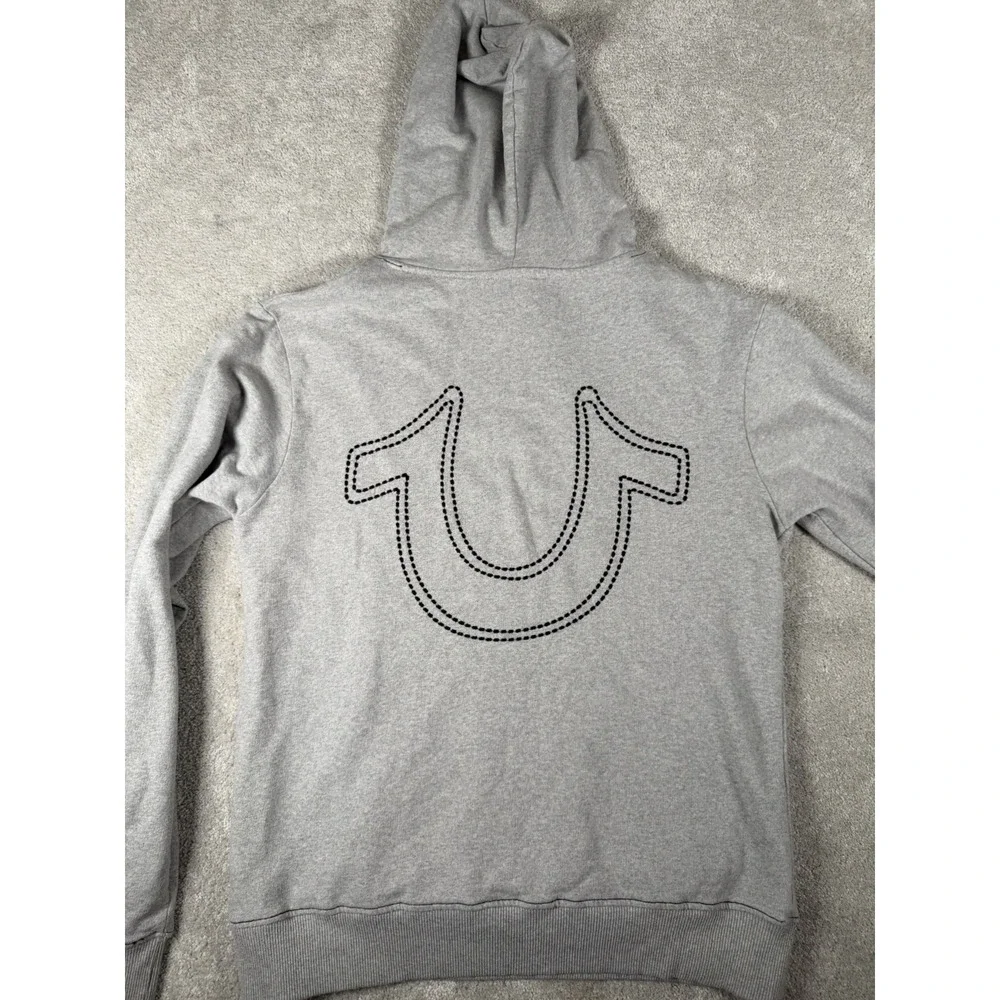 True Religion Hoodie Mens Medium Gray Terry Cloth Back Logo Black Stitching